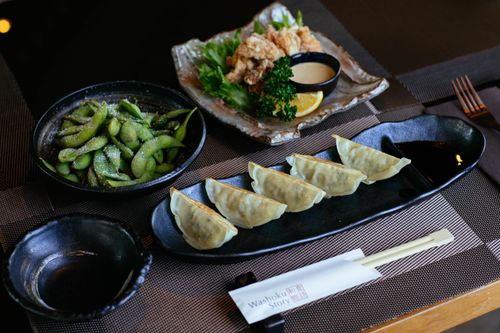 Free A beautifully arranged Japanese meal featuring gyoza, edamame, and karaage artfully plated. Stock Photo