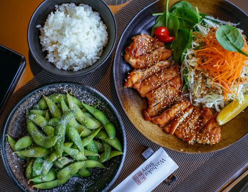 Free A beautifully presented Japanese meal featuring teriyaki chicken, rice, salad, and edamame. Stock Photo