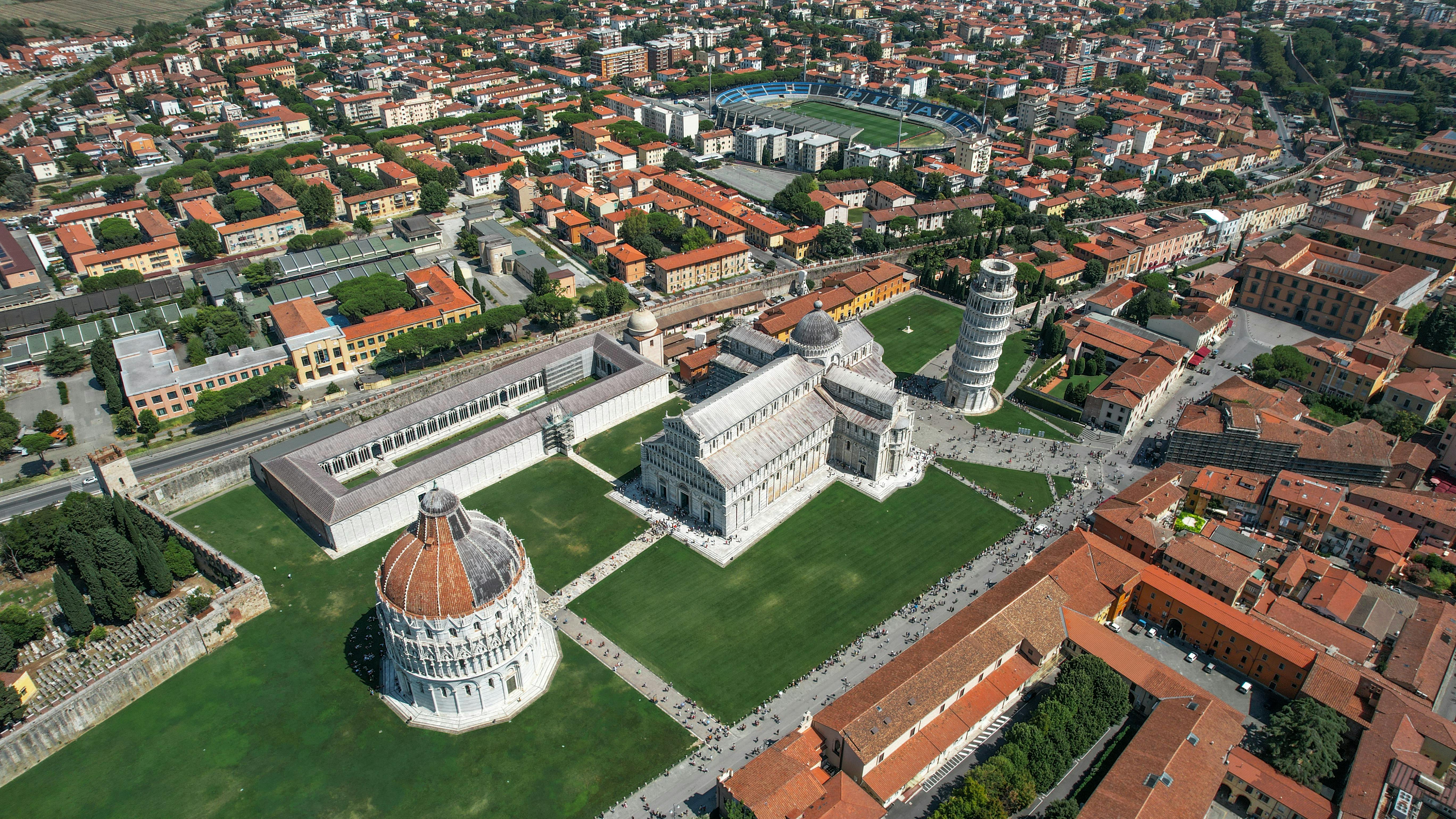 an aerial view of the leaning tower of pisa