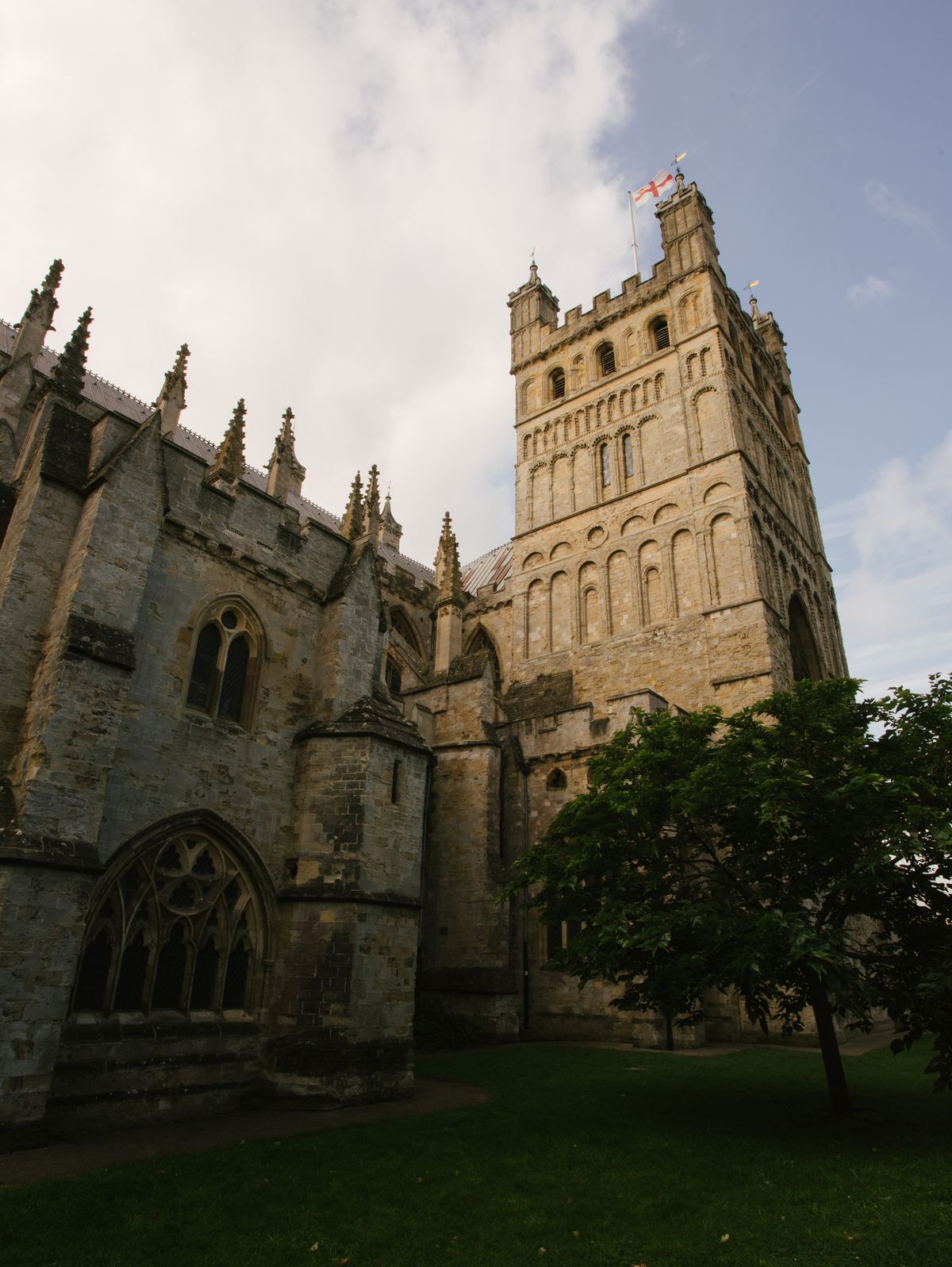 Exeter Cathedral's Norman tower rising above the cathedral close