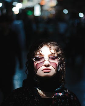 Stylish woman wearing sunglasses highlighted in dark urban environment with moody lighting.