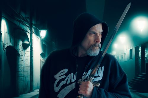 Free A serious man in a hoodie holding a sword stands in a dimly lit, eerie corridor at night. Stock Photo