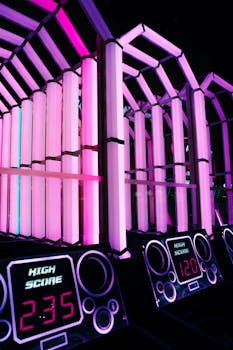 这是一款霓虹粉红的街机游戏，灯光明亮，屏幕上显示着高分