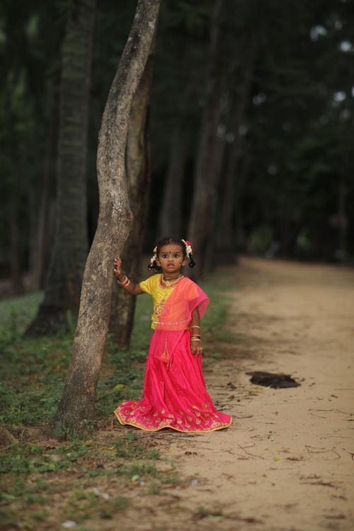 Free A young South Asian girl in colorful traditional attire standing on a forest path. Stock Photo