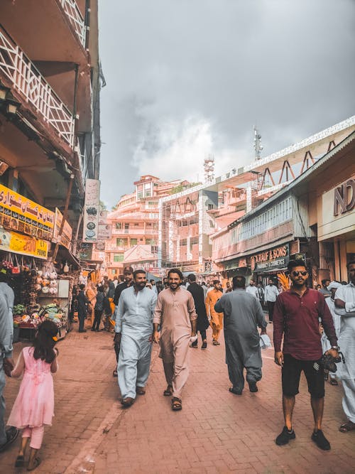 People walking down a crowded street in a city