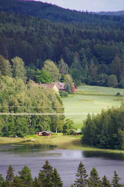 Free A peaceful forest landscape featuring a house by a serene lake surrounded by lush greenery. Stock Photo