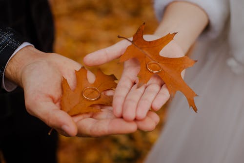 Oak Leaves and Rings on Newlyweds Hands