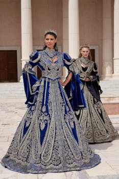 Two women in royal costumes at an elegant outdoor photoshoot in İzmir.