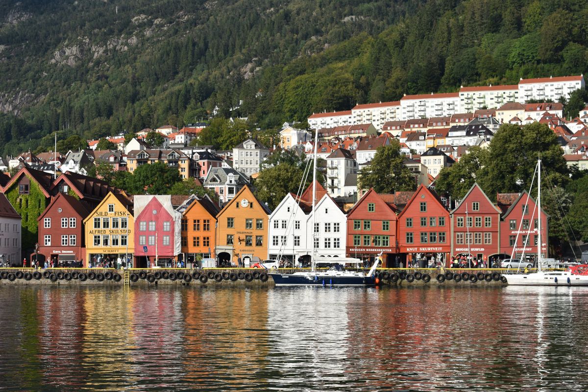Iconic colourful buildings at Bryggen waterfront Bergen Norway