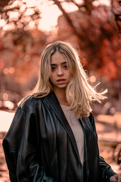 Blond Wearing Leather Jacket in Autumn