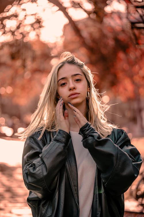 Young Blonde Woman in Leather Jacket