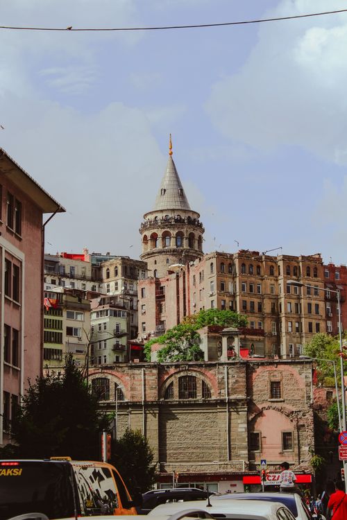 Free View of Galata Tower amidst historical buildings in Istanbul. Stock Photo