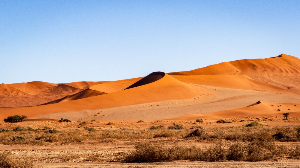 Namibian desert dunes under blue sky