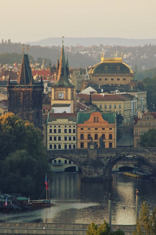 Aerial View of the Charles Bridge and Prague Rooftops, Czech Republic