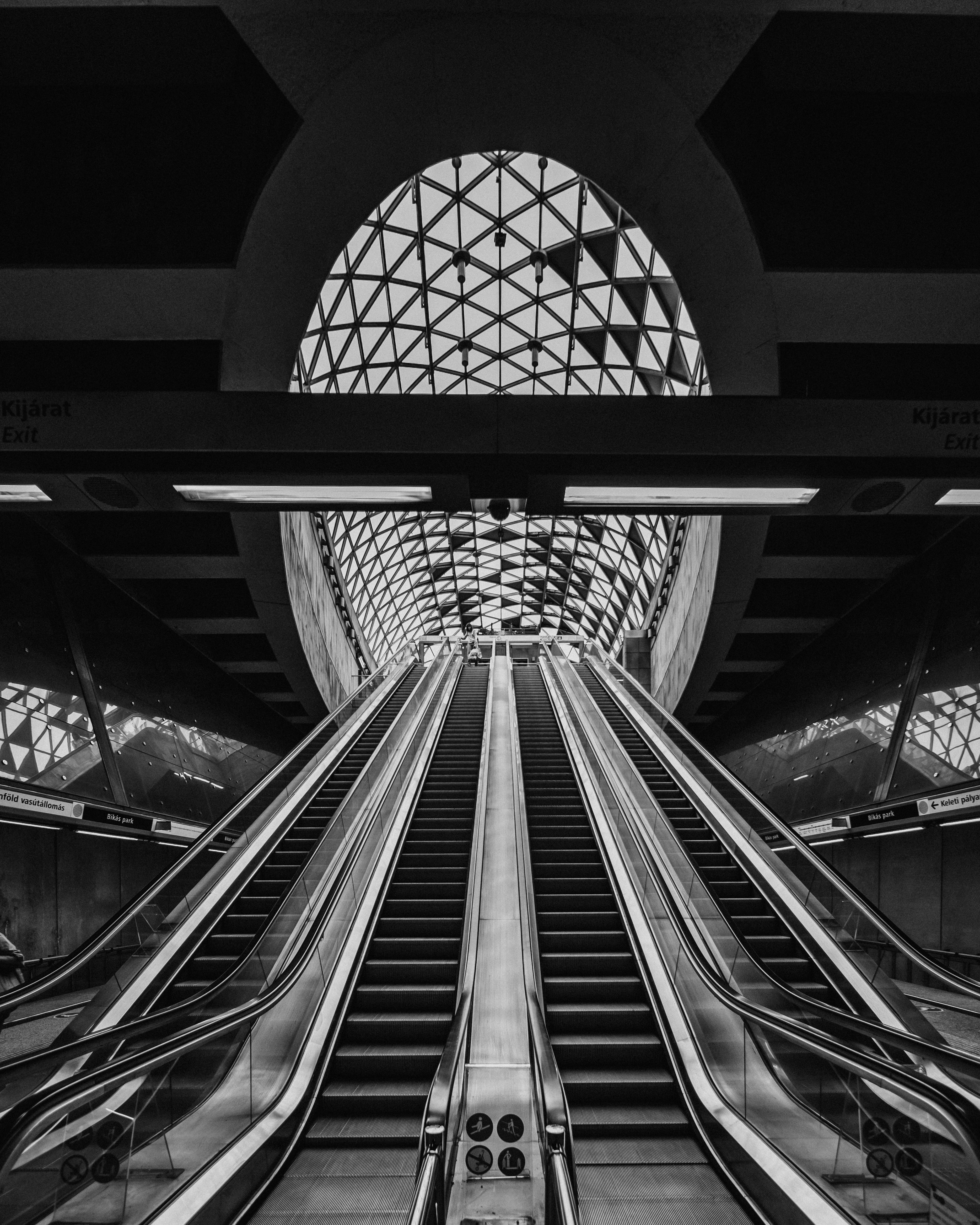 Dramatic black and white shot of escalators in a modern architectural setting.