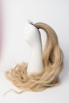 A white mannequin hand elegantly holds a tuft of long blonde hair against a neutral background.