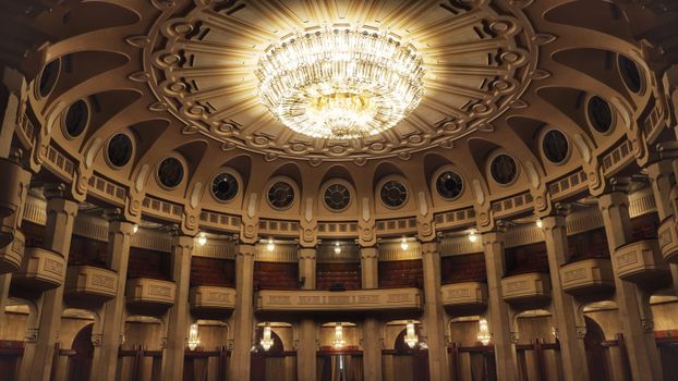 The interior of a large building with a chandelier