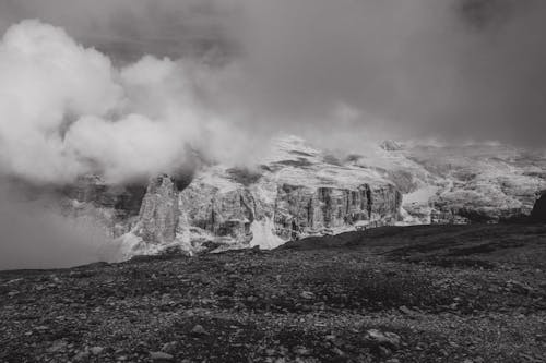 Rocky Mountains Covered in Clouds in Black and White