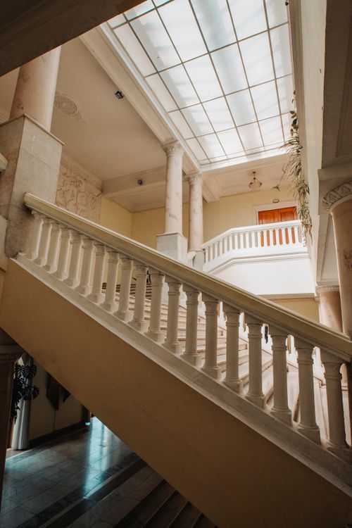 Free Sophisticated marble staircase under a glass ceiling, showcasing luxury interior architecture in Baku, Azerbaijan. Stock Photo
