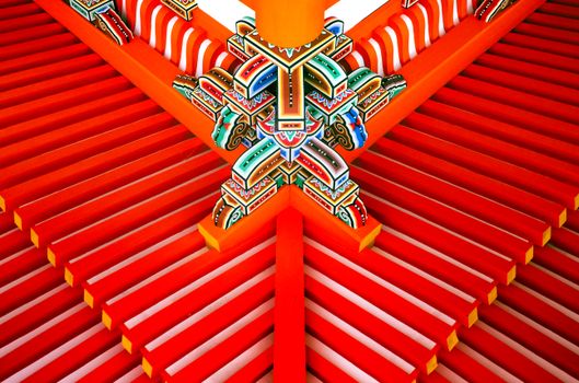 Vivid geometric roof detail showcasing traditional Japanese temple architecture.