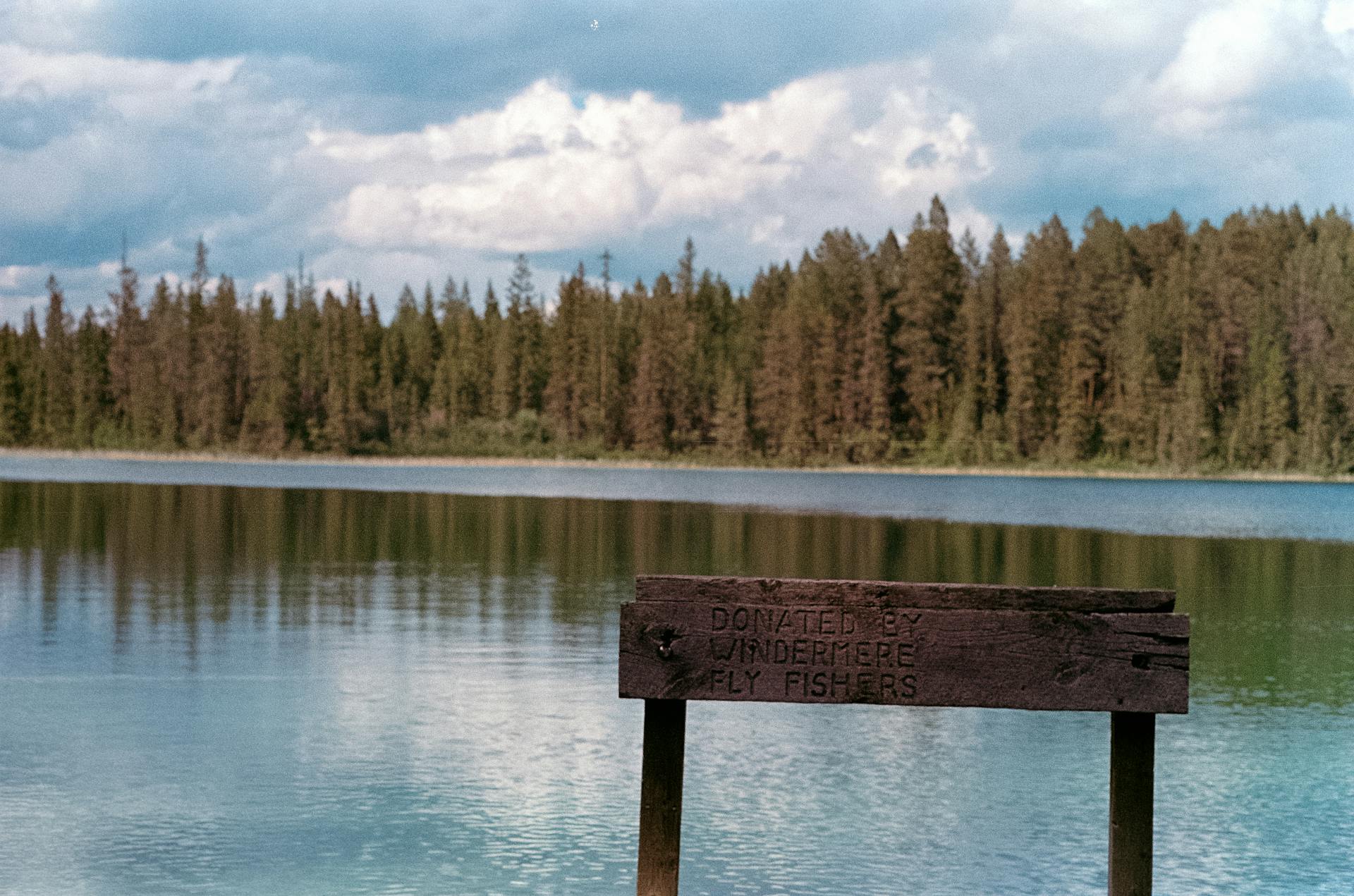 Serene fishing area with forest backdrop at Fairmont Hot Springs, BC, Canada.