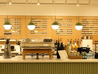Warm café interior with pendant lights