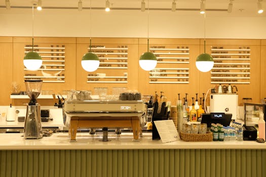 Modern café counter with espresso machine and menu boards under warm lighting.