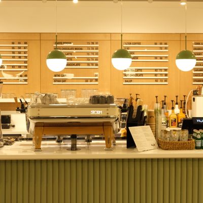Café counter with espresso machine