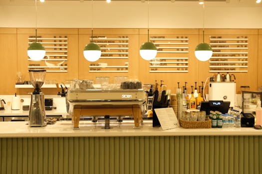 Inviting coffee shop counter showcasing coffee machine, menu board, and cozy ambiance.