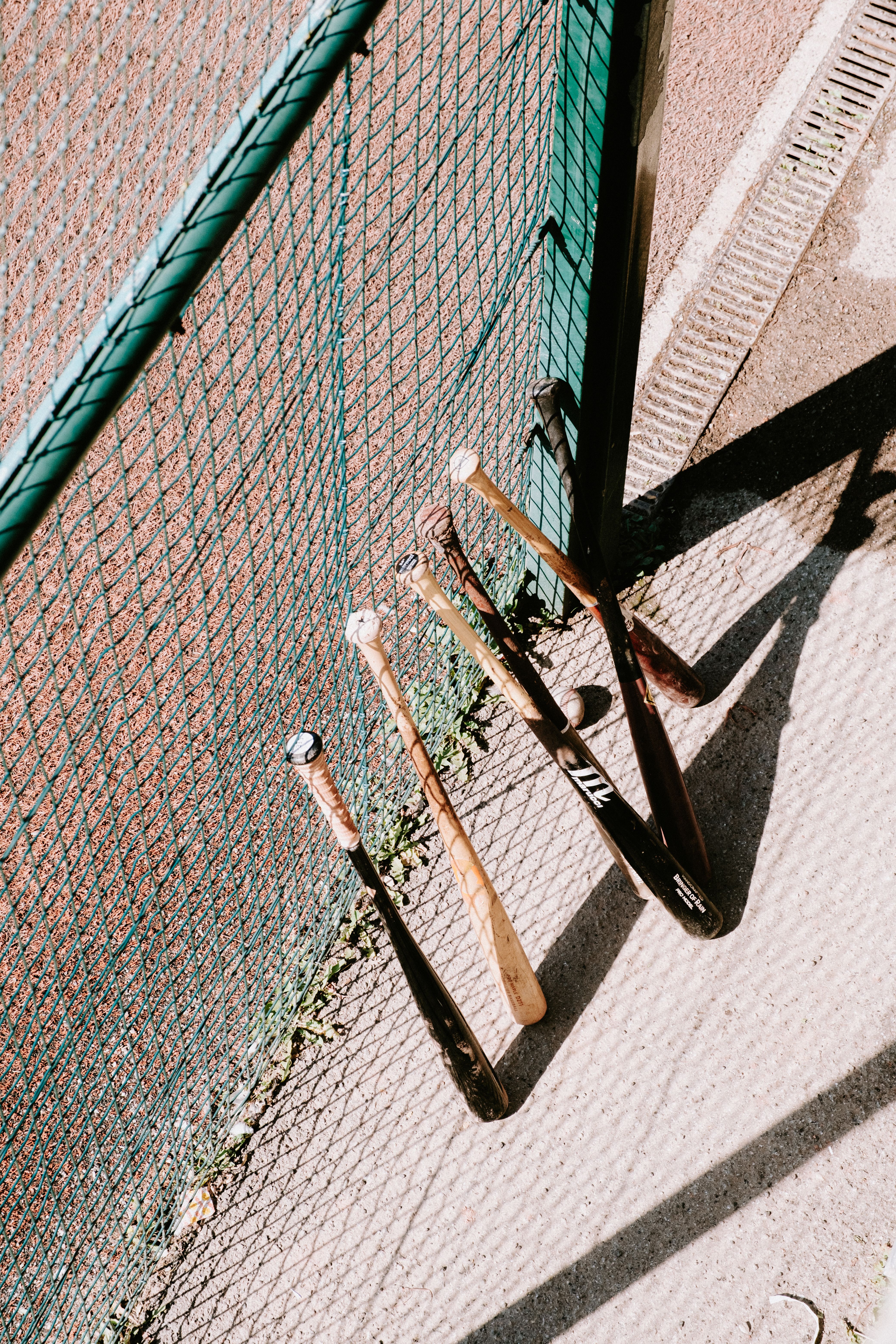 High-angle view of baseball bats leaning against a fence on a sunny day.