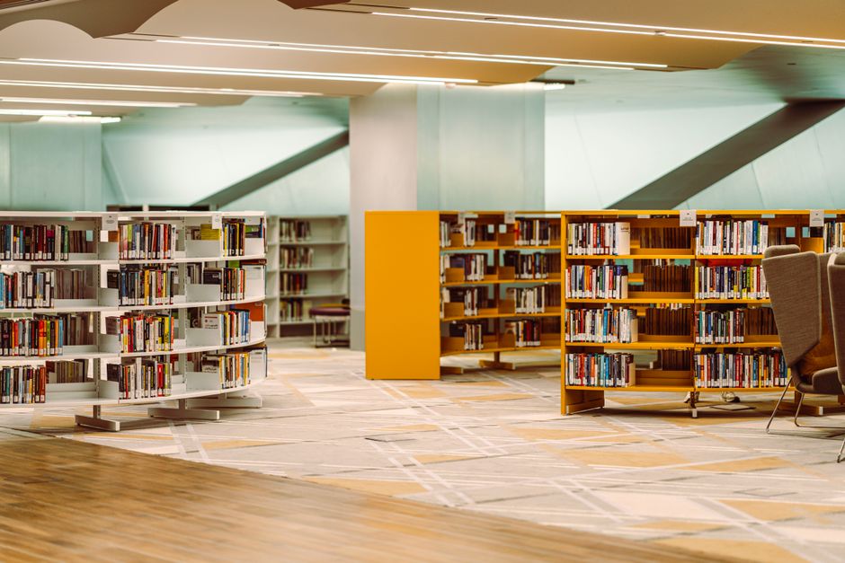 The expansive and modern interior of the Qatar National Library in Doha.