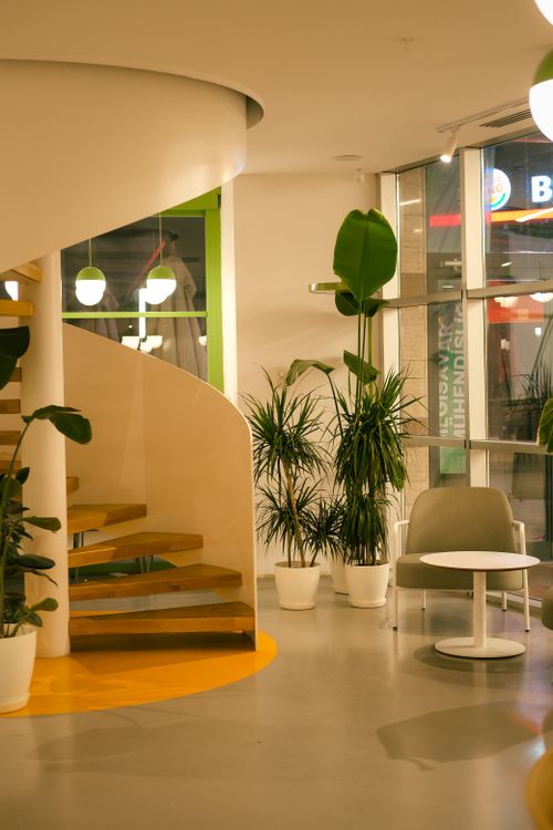 Free Contemporary interior featuring a wooden spiral staircase, potted plants, and sleek decor. Stock Photo