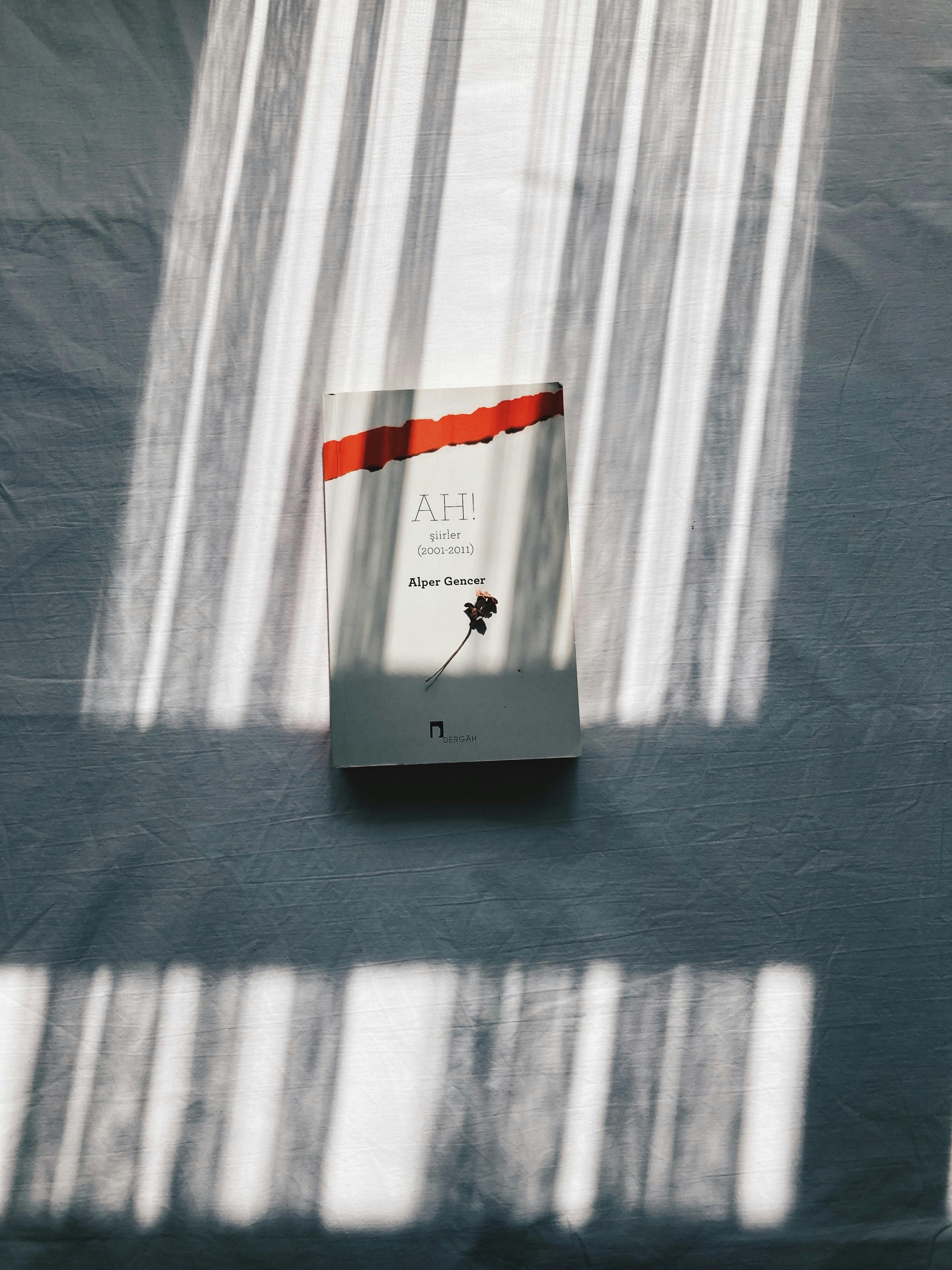 Creative flat lay of a book cover with artistic shadows on a textured surface.