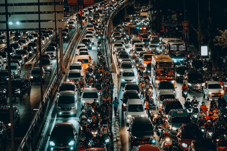 Traffic Jam On A Multi Lane Highway At Night