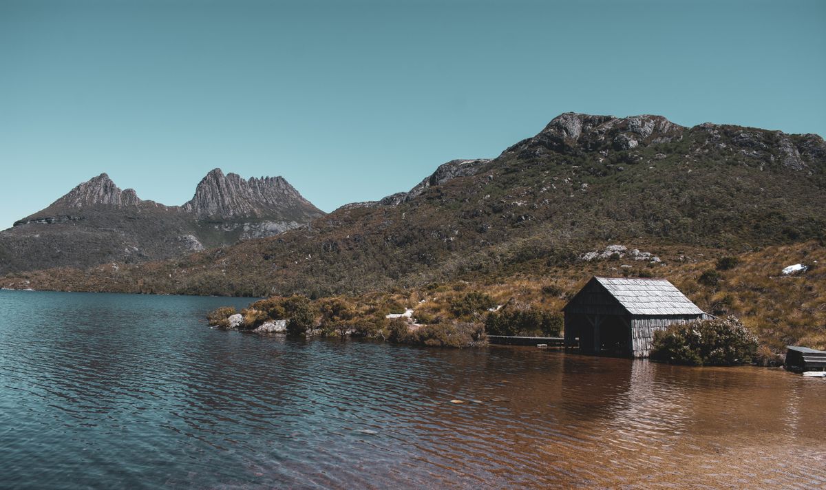 Dove Lake boathouse beneath Cradle Mountain's dolerite peaks, Tasmania