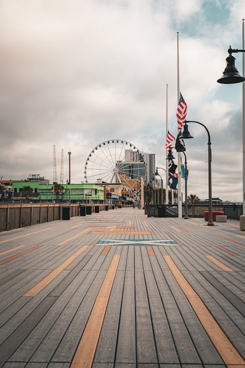 Flags on Pier in City in USA