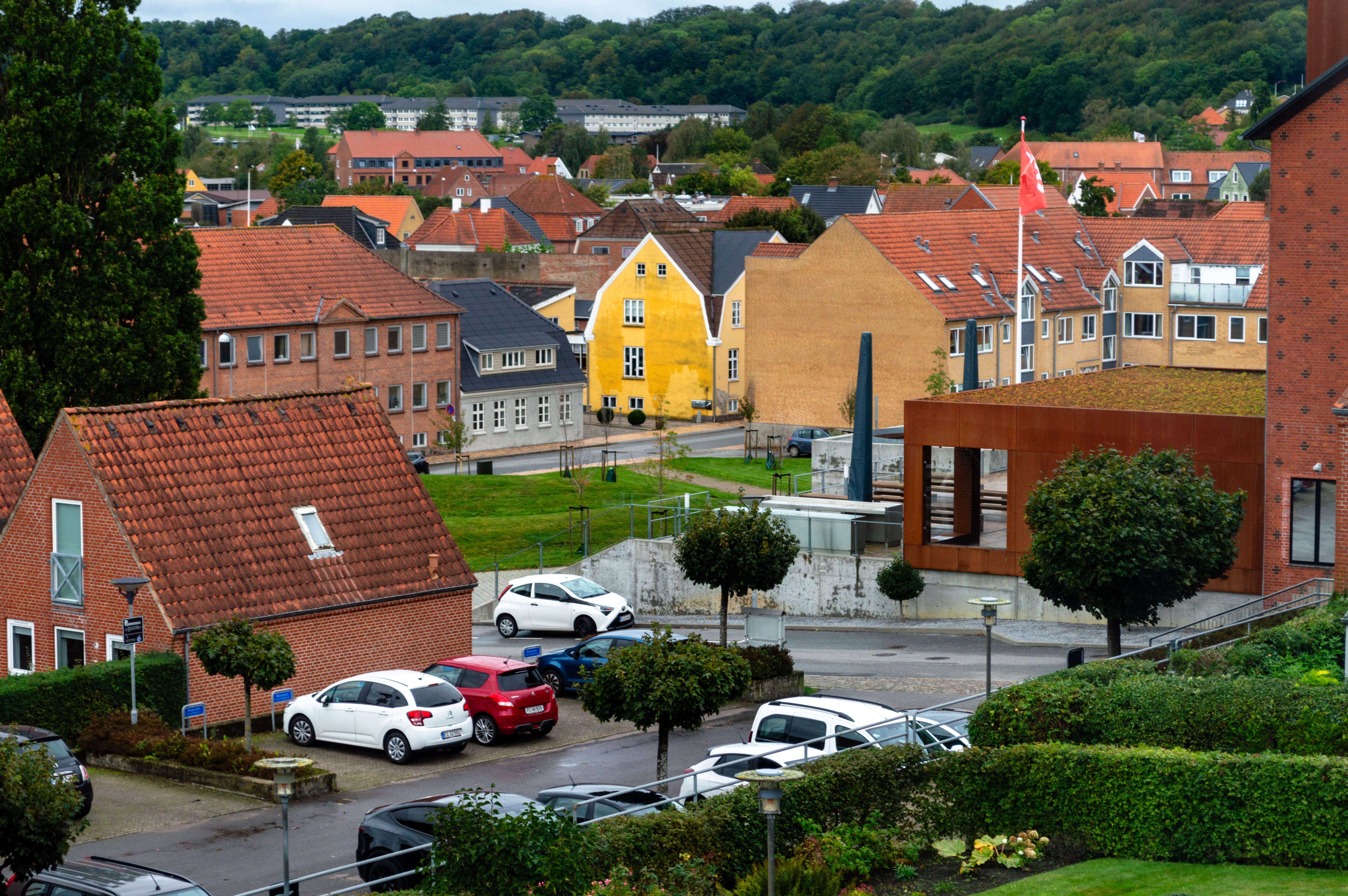 A vibrant aerial view of Aabenraa, Denmark, featuring colorful houses and lush greenery.