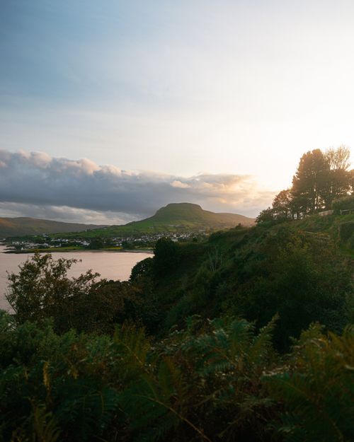 Free Serene view of a hillside overlooking a tranquil lake during sunset, with lush greenery and distant hills. Stock Photo