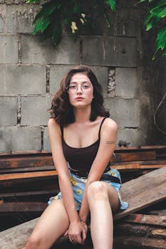 在乡村背景下，一位时尚的年轻女子摆出姿势，展现现代风尚