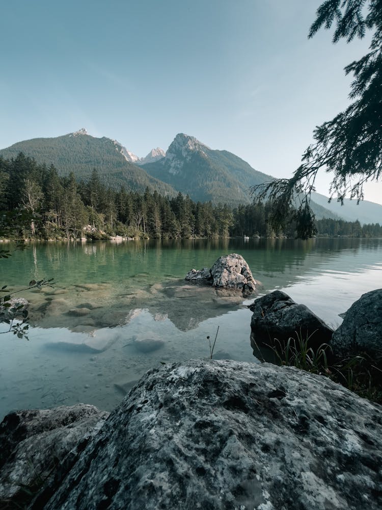 Lake Hintersee And Hochkalter Mountain In Berchtesgaden National Park