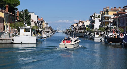 Motorboats on River in Town