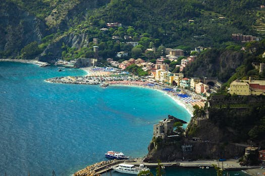 Breathtaking aerial view of Monterosso al Mare's coastline in Cinque Terre, Italy.