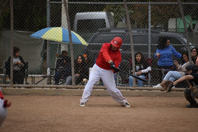 Batter Swinging The Bat During A Baseball Game