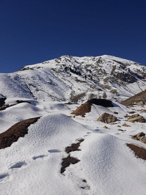 Free Majestic snow-covered mountain peak on a sunny winter day with a clear blue sky. Stock Photo