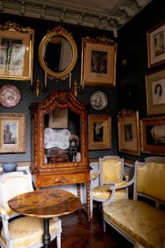 Vintage Parisian room adorned with antique furniture, artwork, and decor. Luxurious and timeless.