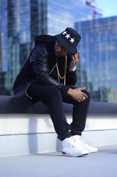 模特穿着黑色夹克、帽子与白色运动鞋，在城市环境中散发着时尚气息