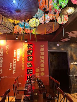 Colorful Asian-inspired bar interior featuring paper lanterns and decorative elements.