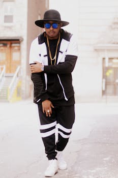 城市里，时尚男士穿着现代运动装和配饰