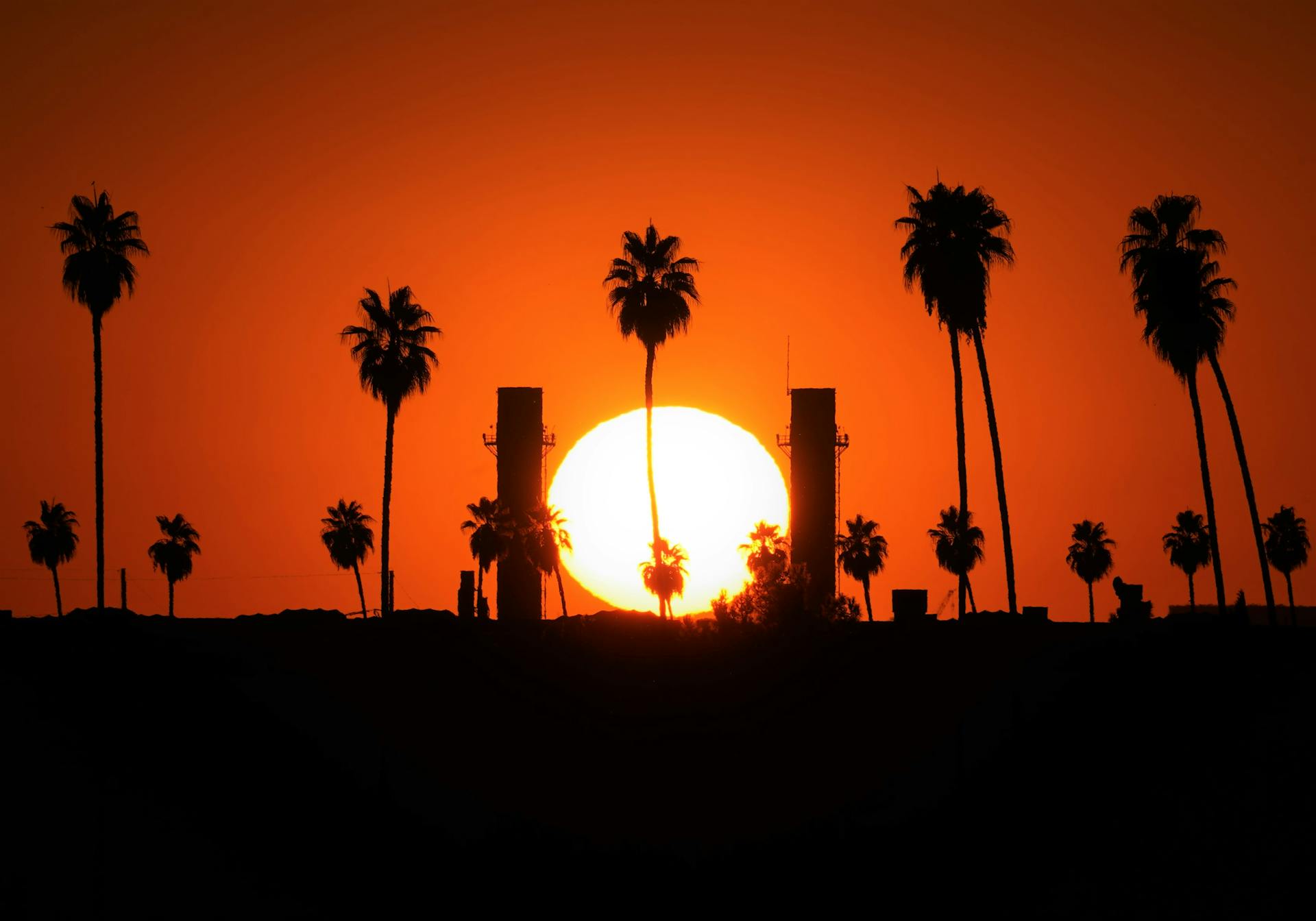 A breathtaking sunset in Redlands, CA with palm trees and towers silhouetted against a vibrant orange sky.