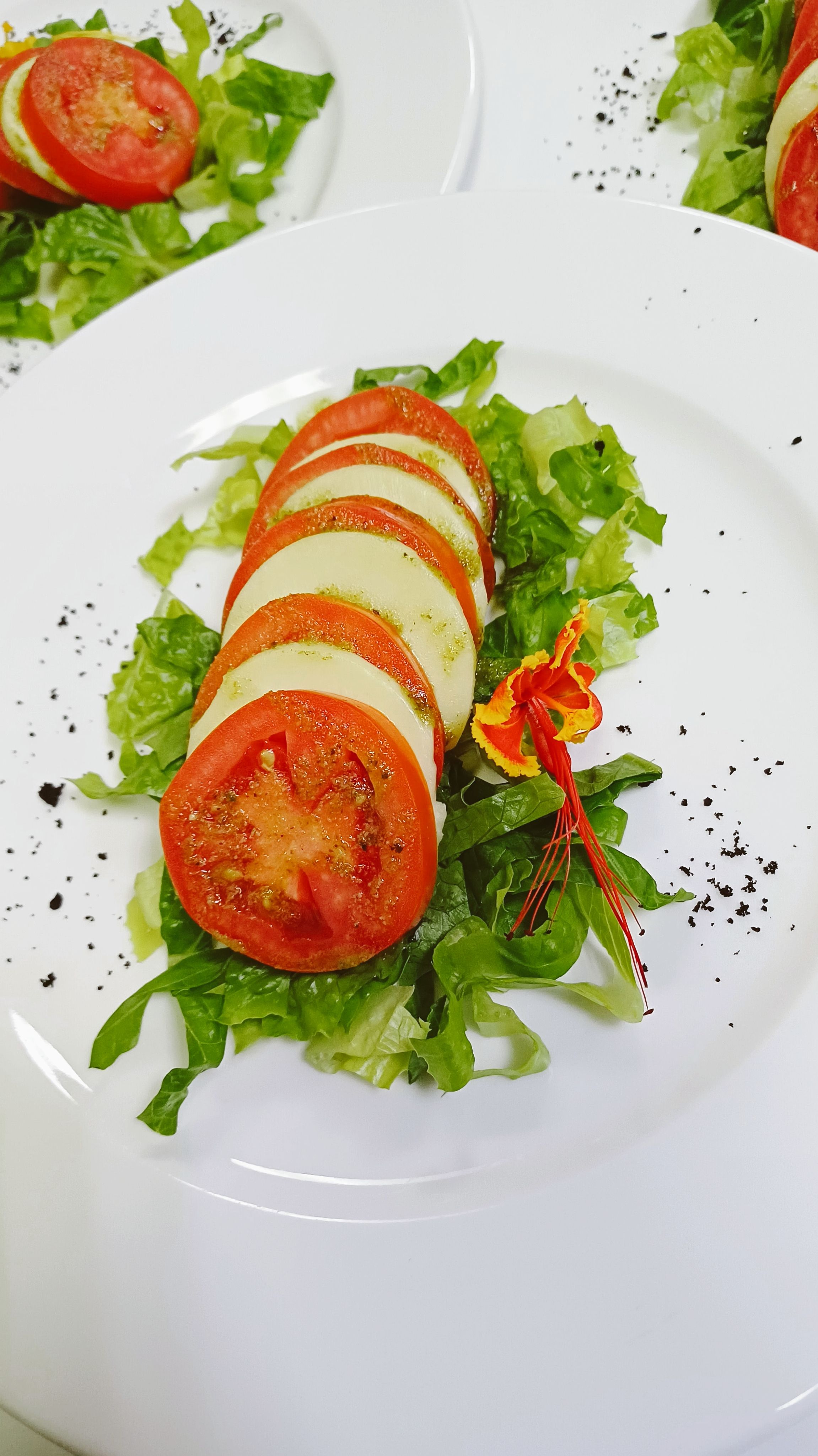 Delicious fresh Caprese salad with tomatoes, mozzarella, and edible flowers on a bed of lettuce.